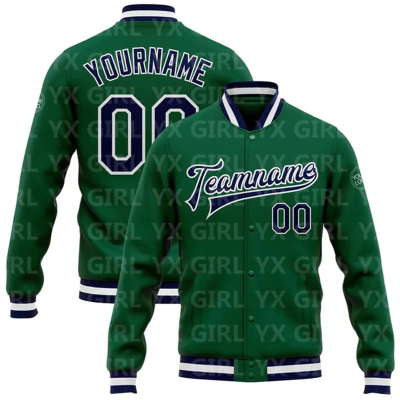 Casaco personalizado Kelly Verde Preto ou Bomber Full Snap Varsity, Casaco De Dois Tons, Casaco De Botão De Beisebol Impresso 3D