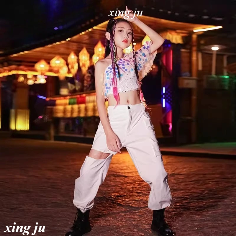 

Детский костюм для джазовых танцев для девочек, топы на бретельках с блестками для уличных танцев, свободные брюки в стиле хип-хоп, детская одежда для сценического шоу