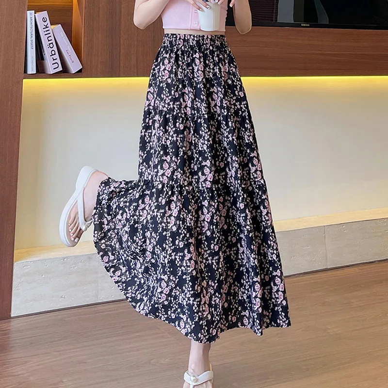 핑크 빈티지 꽃 프린트 롱 스커트 여성 우아한 streetwear 탄성 허리 미디 스커트 여성 여름을위한 다목적 a 라인 스커트