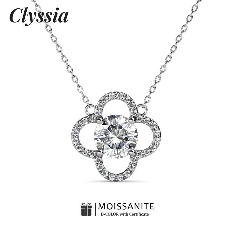 

CLYSSIA D Color VVS1 Moissanite 925 Sterling Silver Flower Necklace Pendant Test Passed 18K Gold Plated Fine Jewelry for Women