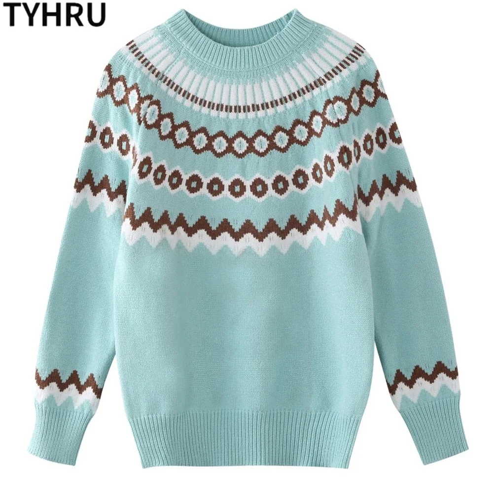 TYHRU Women Sweaters O-neck thick striped Pullovers Female long sleeve Knitting Tops contrast color Sky blue white Sweater