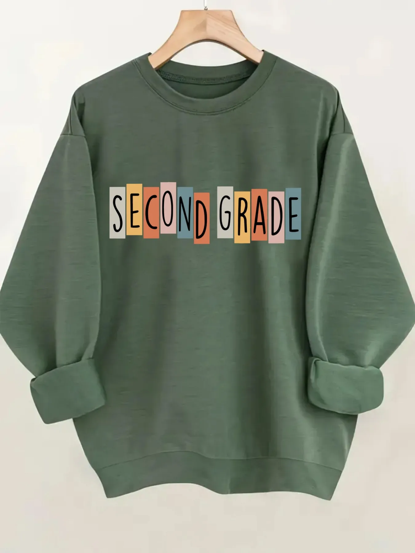 Women's Crew Neck Pullover Sweatshirt Second Grade Print Design, Soft Casual Long Sleeve, Daily Casual Top Outfit, Winter Women's Clothing, Thanksgiving Outfit