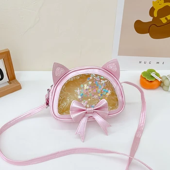 กระเป๋าสะพายไหล่ใบเล็กรูปโบว์ PU น่ารักสำหรับเด็กผู้หญิงกระเป๋าสะพายคาดลำตัวทรงกลมใสกระเป๋าเงินเจ้าหญิงกระเป๋าถือสำหรับแมว