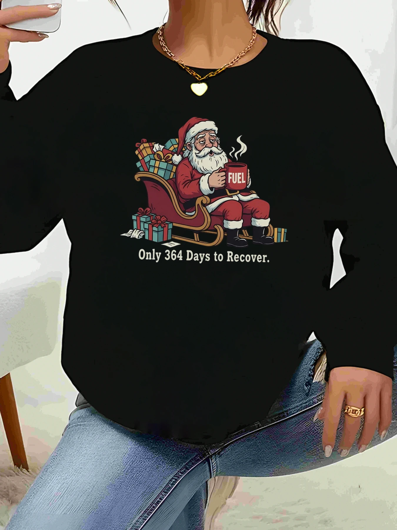 

Санта-Клаус с кофейной чашкой и принтом саней Рождественский топ с длинными рукавами Праздничная повседневная одежда Женский свитер больших размеров