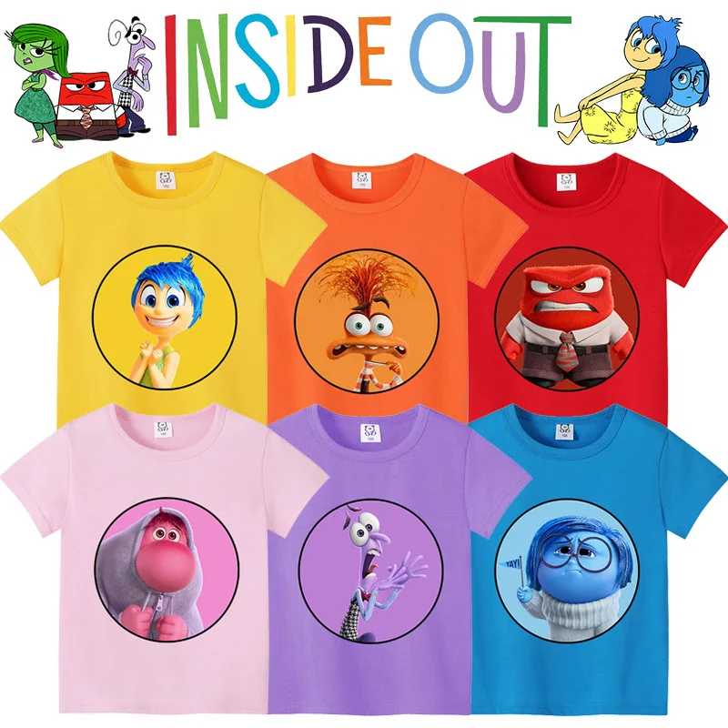 Inside Outs 2 Cartoon Kids Clothes Disney Anxiety Anger Joy Sadness Boy Girl T Shirt Summer Child Short Sleeve Top Birthday Gift