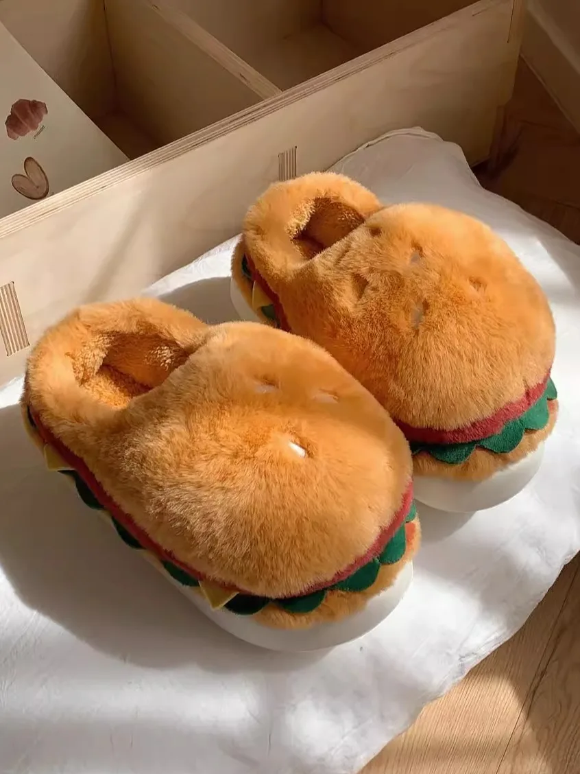 Cute Burger Cotton Slippers For Male And Female 2024 Winter Creative Plush Indoor Household Warm Couple Home Shoes