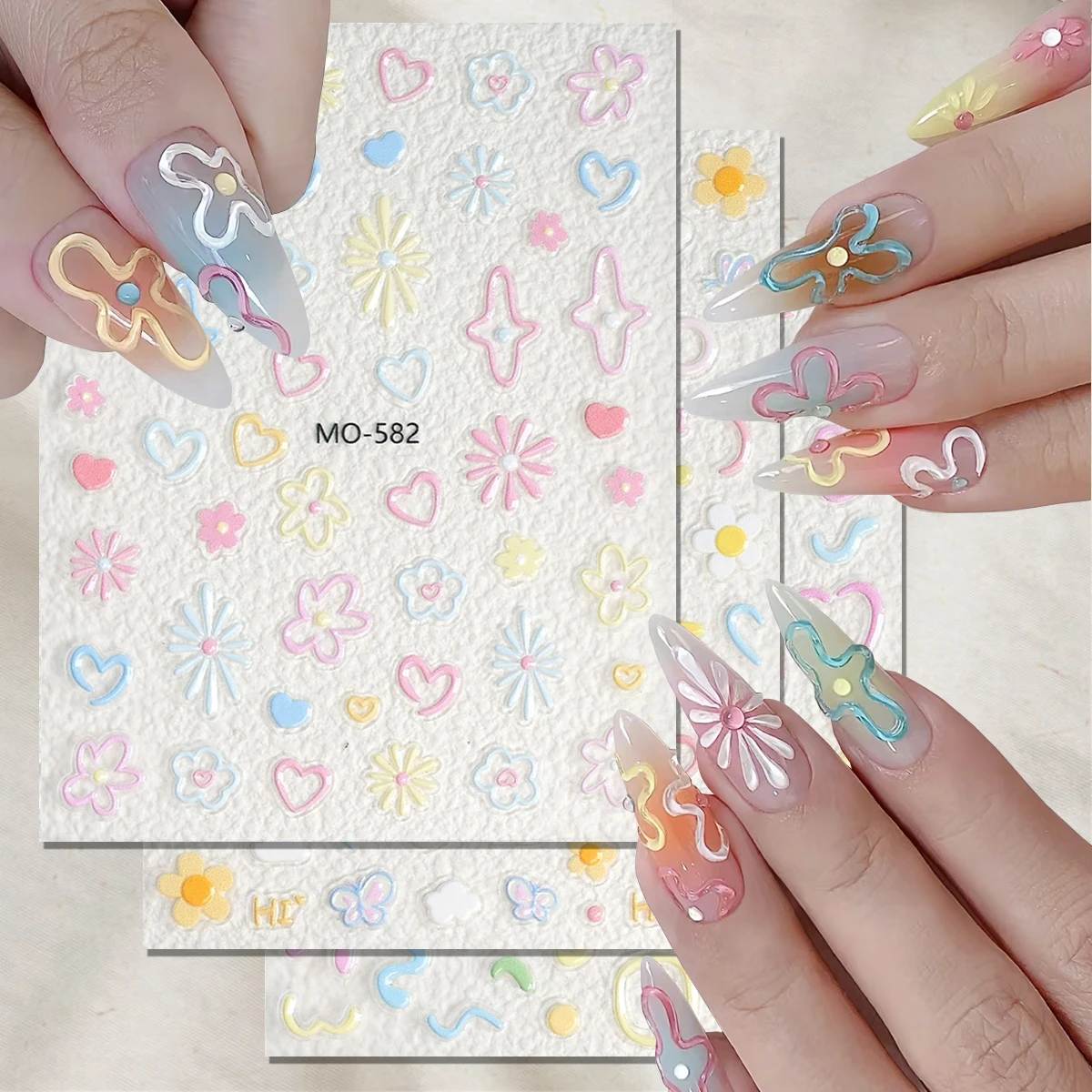 3 أوراق ملصقات أظافر على شكل زهرة بلون الحلوى، شارات أظافر على شكل فراشة ديزي على شكل قلب 5D، زينة فنية للأظافر ذاتية اللصق #1