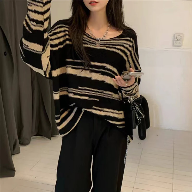 Gothic Striped Women Knitting Sweater Y2K Fashion Streetwear Patchwork Punk Pullover Female Loose Long Sleeve O Neck Jumpers