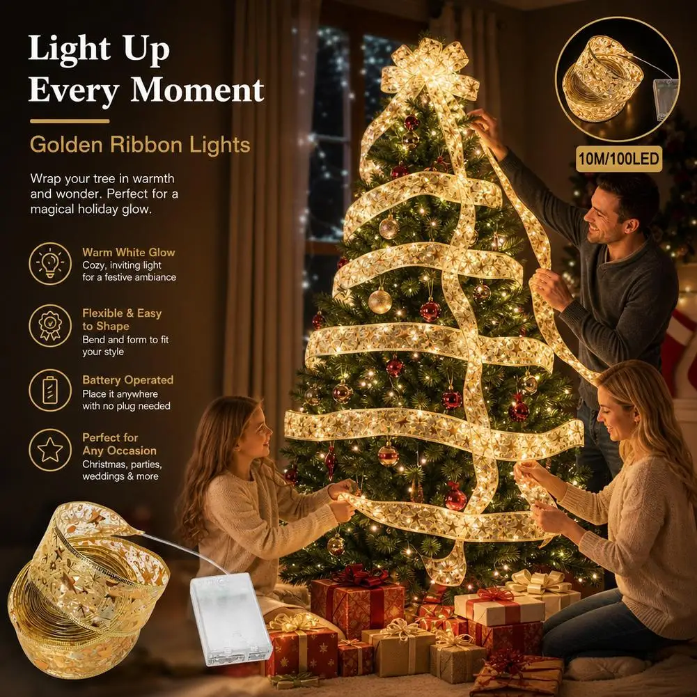 LED Christmas Ribbon Lights Battery Operated Wire Edged Ribbon Warm White Fairy Lights Glowing Bows Tree Topper Garland Wreath