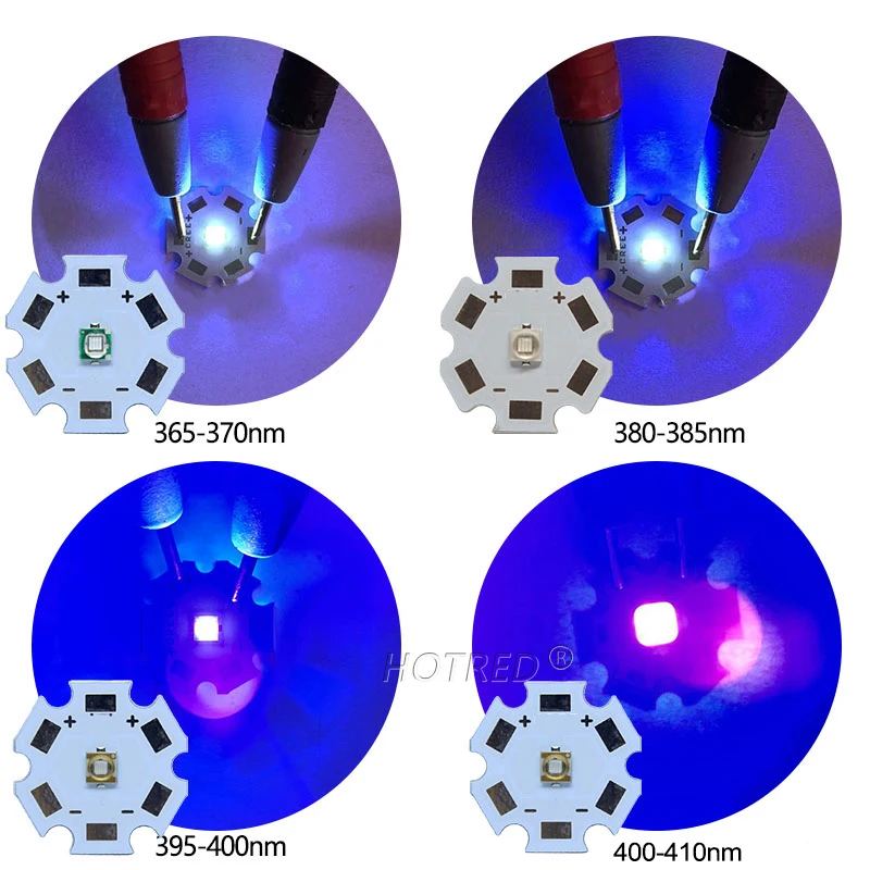 UV LED Chip Light para verificação de cura da impressora, roxo, 3V, 6V, 12V, 3W, 5W, 10W, 12W, 3535 XPE, 5050, XLM, LG6565, 365nm, 370nm, 395nm,