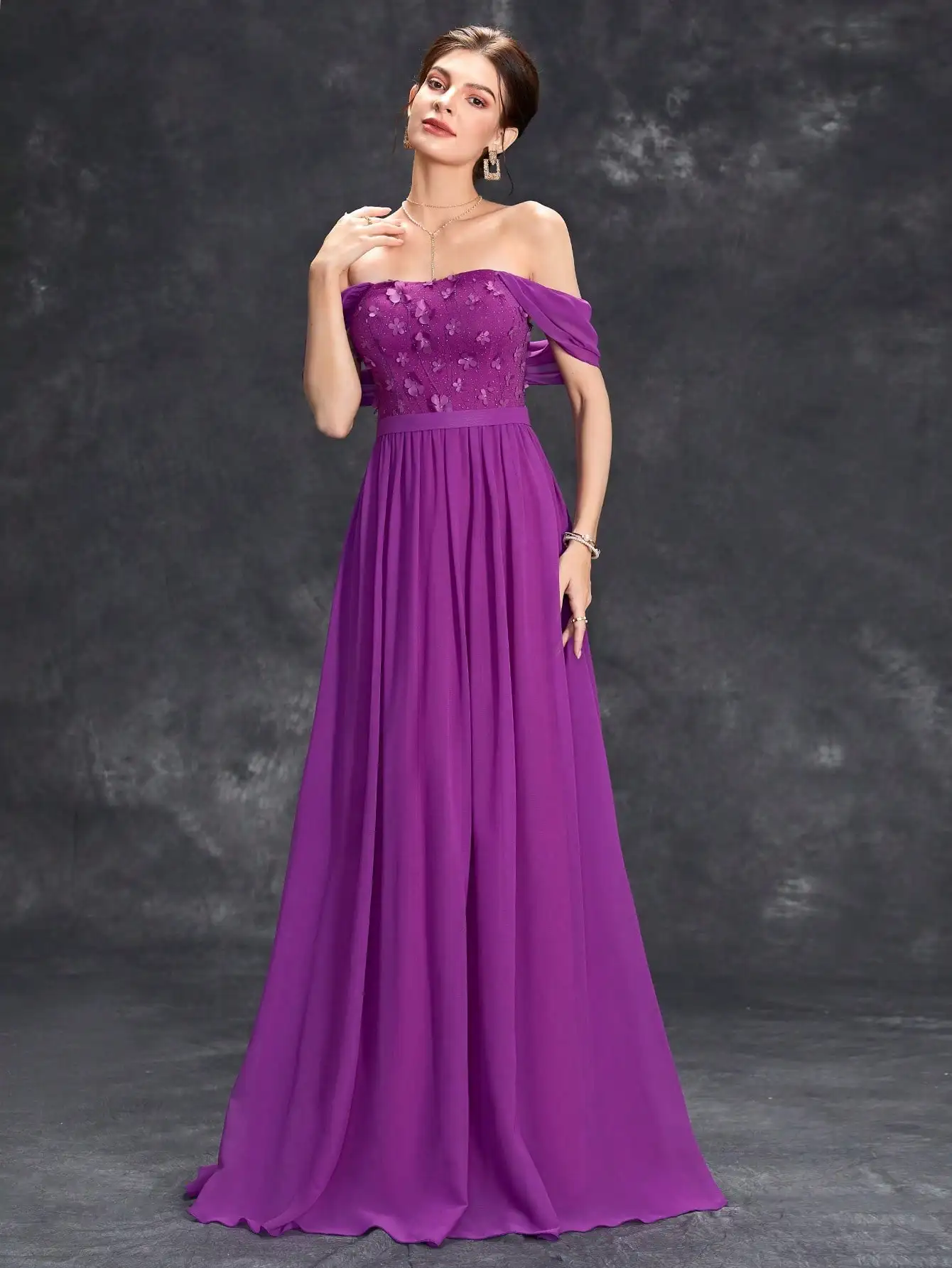 One-shoulder draped three-dimensional floral embroidered patchwork chiffon back-drop long dress