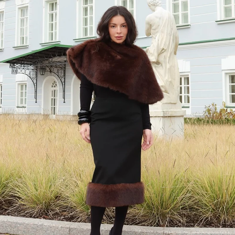 2 Piece Sets Fur Feather Skirts Outfits Women 2026 New Cover up Shawl Top And Long Skirt Sets Elegant Streetwear Skirts Suits