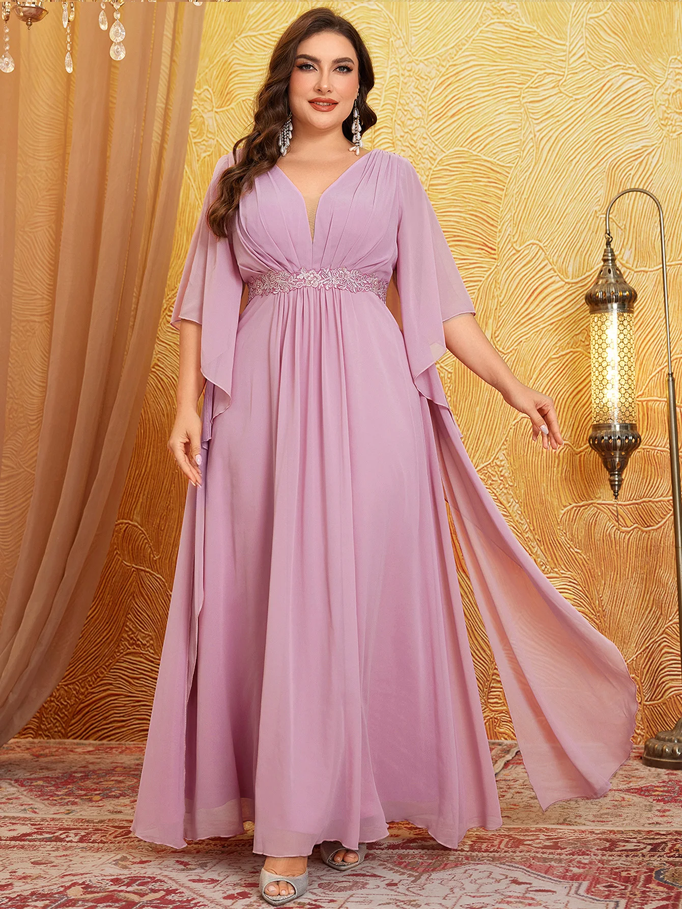 فستان UNITHORSE مقاس كبير للسيدات برقبة على شكل حرف V وخصر مطرز وأكمام تشبه جناح الخفّاش ماكسي فستان شيفون لخادمة الشرف #3