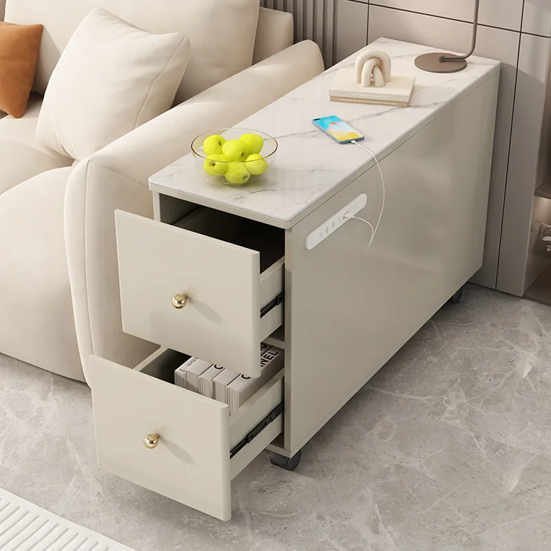 

Cream wind solid wood sofa side cabinet edge corner sofa cabinet rock slab living room Internet celebrity French 2024 new corner