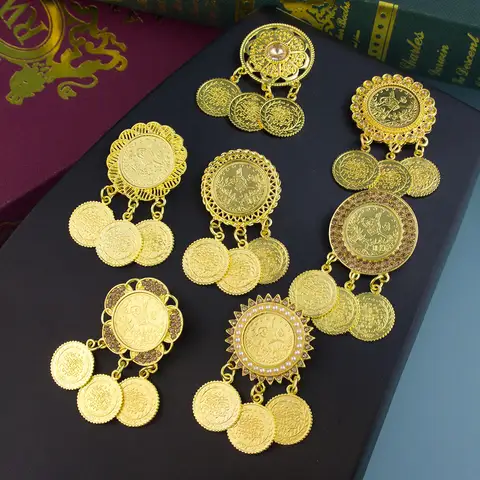 Sunspicems-broche de moneda de Metal árabe para mujer, alfileres de puño turco, Hijab musulmán de 2 piezas, joyería de moneda redonda de Color dorado, bisutería de novia