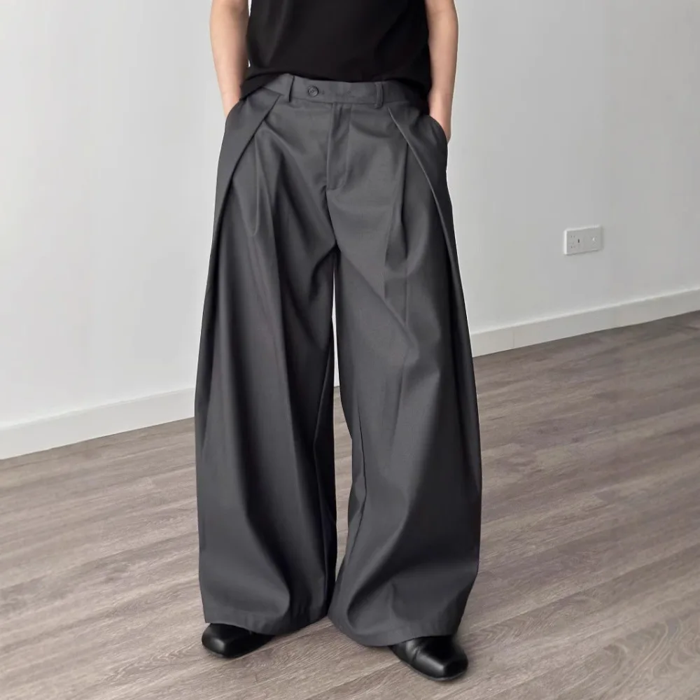Mens Retro High Street Casual Trousers Pleated Scythe Cut Wide Leg Loose Fit Draping Floor Length Summer Style Pants