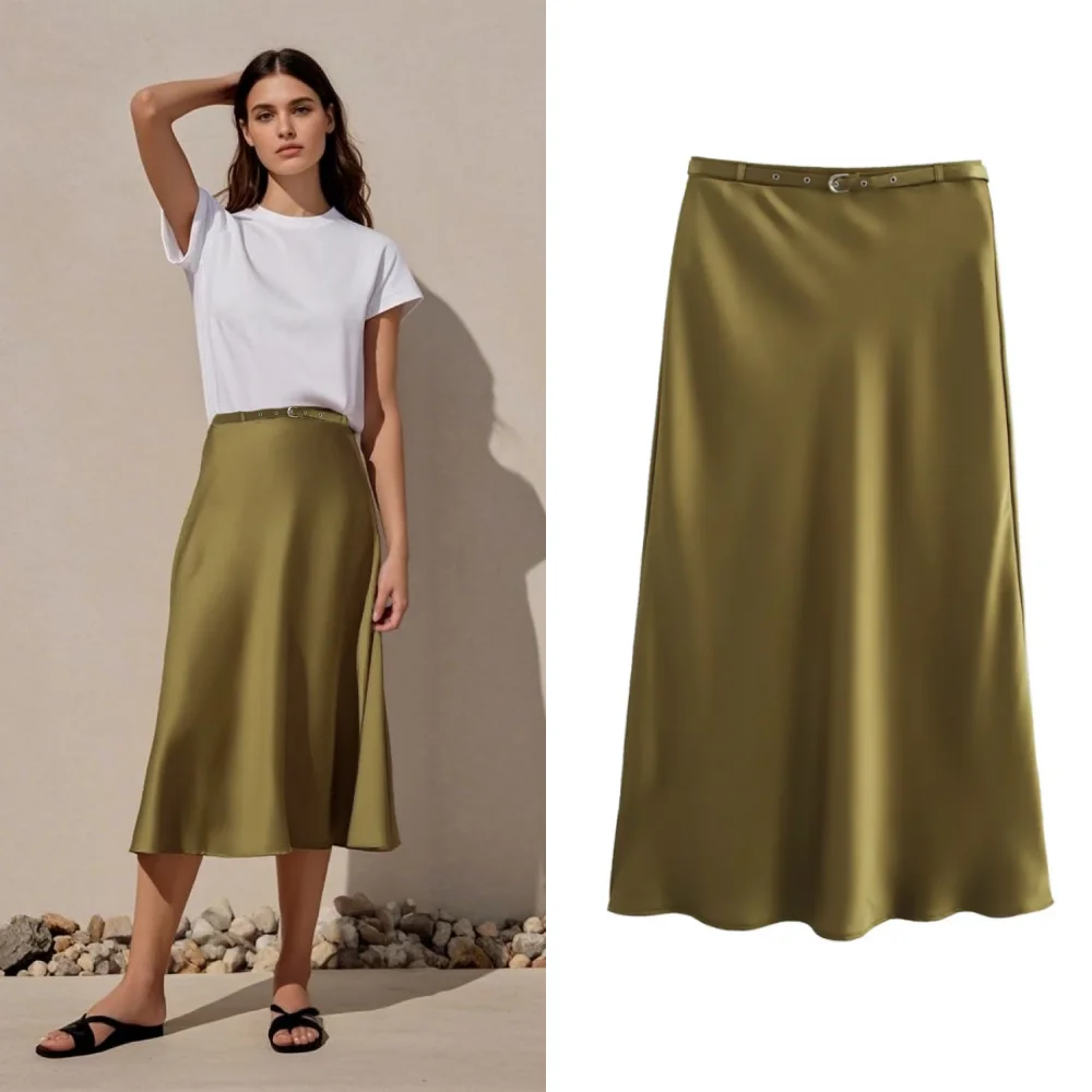 

2025 Taop&Za Womens Midi Skirt Olive Green Color with Belt Classic and Chic Option for Fashionable Looks