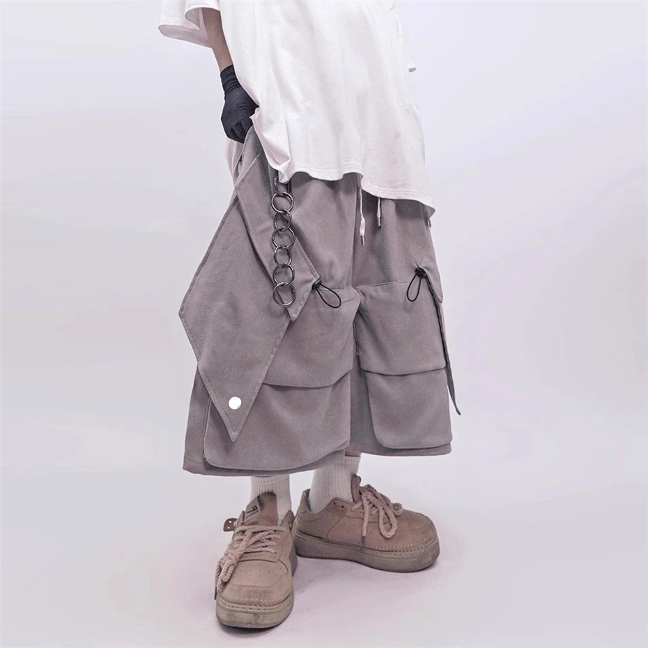 

Retro Cargo Shorts Men Y2k Summer Hip Hop Wide Leg Pant Sweatpants Baggy Oversized Multiple Pockets Calf Length Pants Streetwear
