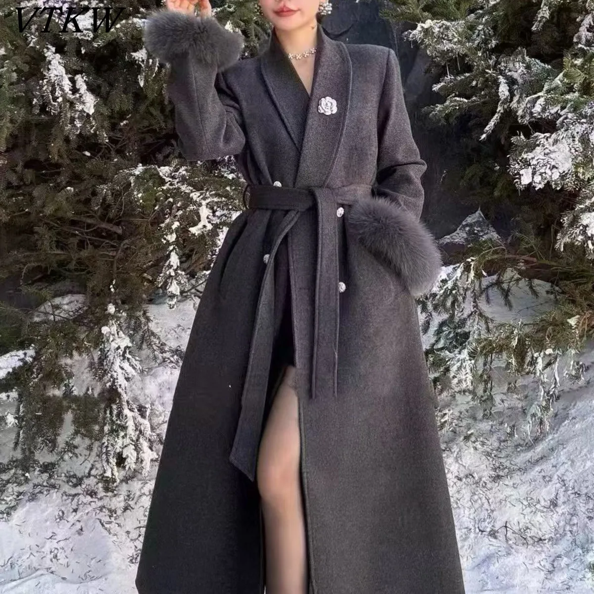 VTKW Women's 2025 Wool Blend Long Trench Coat Belted Notch Collar Faux Fur Cuffs Beaded Vintage Elegant Chic Fall Winter