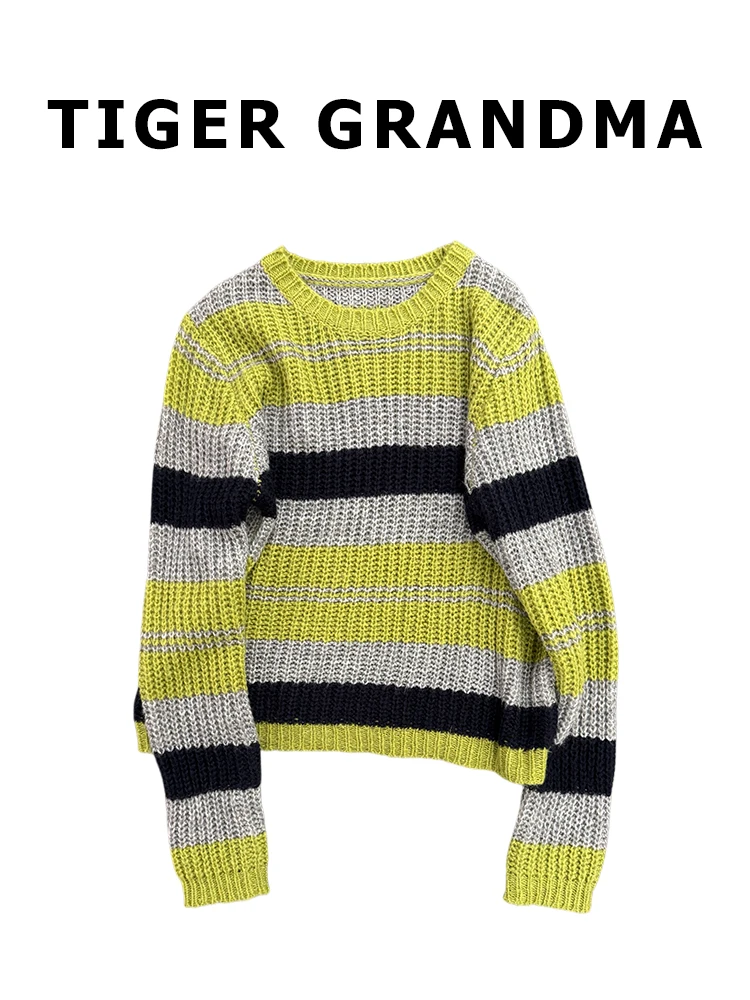 

TG Large Mix Wool Blend Sweater Film Filter Vintage k Color Blo Striped mat Sle Winter Thiened Women's Top