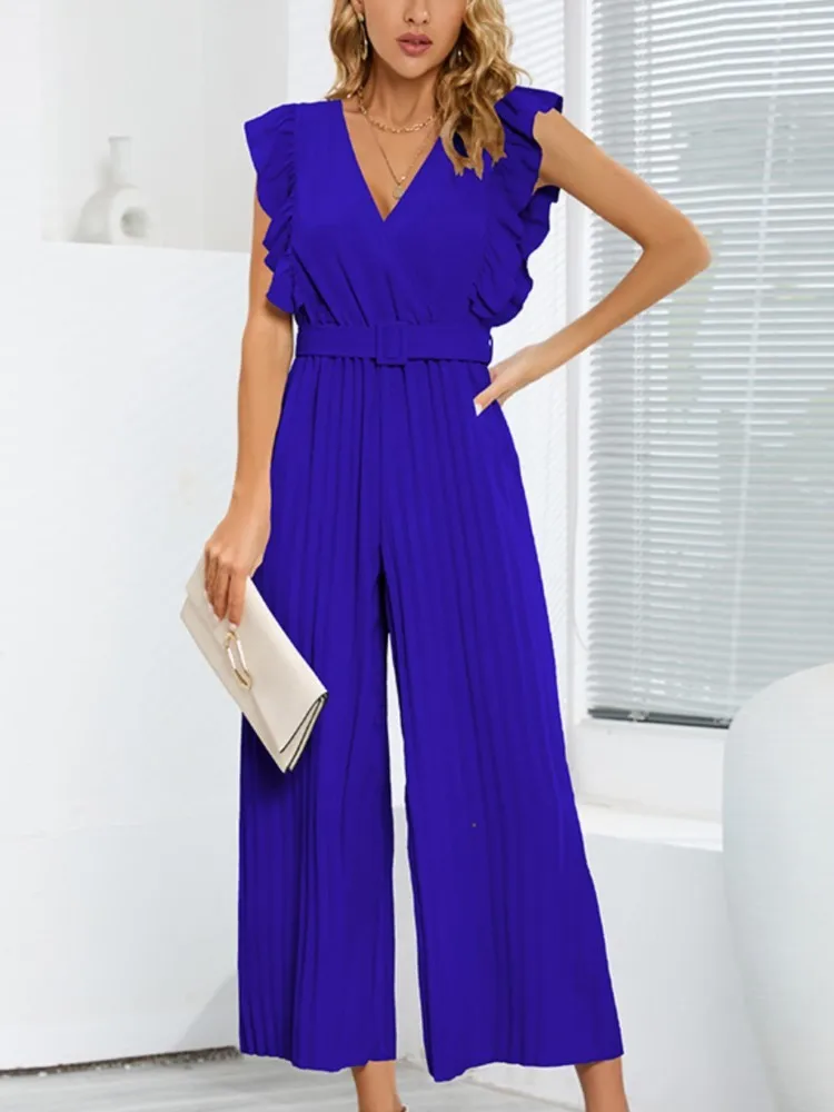 Women\'s Jumpsuit Long Pants Flying Sleeve V-neck High Waist Belt Cropped Fold Pants Solid Color Temperament Fashion Women\'s Wear