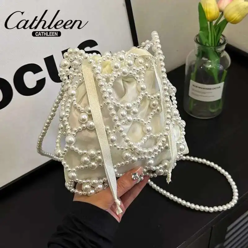 Artificial Pearl String Chain Bag Fashionable Metal Bead Carrying Small Square Bag New Versatile Bag Daily Carry Bag Cross Bag