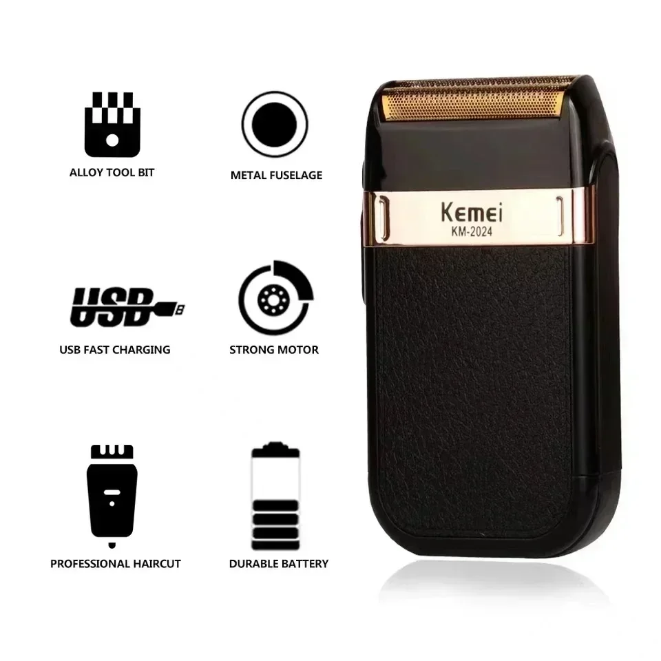 Kemei KM-2024 Electric Shaver Professional USB Rechargeable Men's Electric Shaver Leather Shell Waterproof Beard Trimmer Shaver