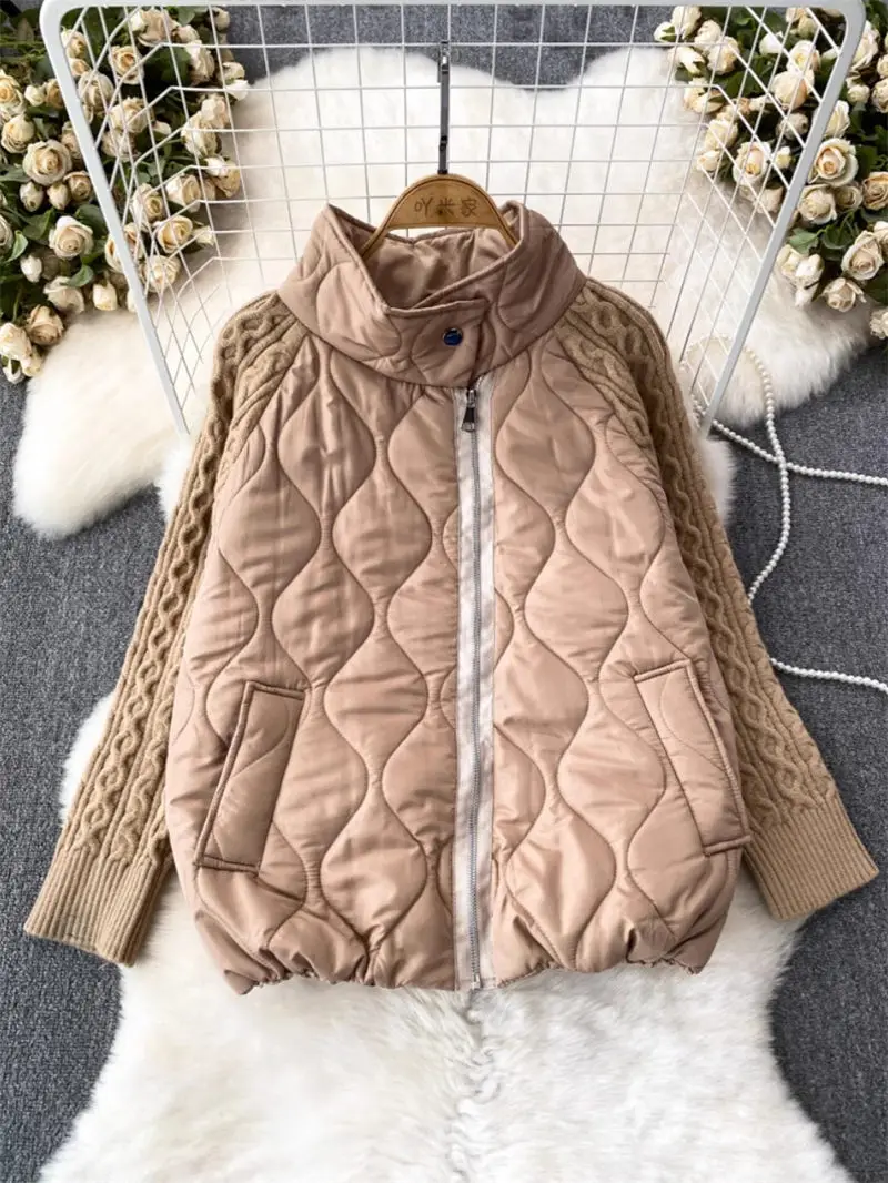 

Design Splicing Knitted Short Cotton Jacket For Women 2023 Autumn Winter Loose Lazy Style Loose High Neck Sweatshirt Coat z4187