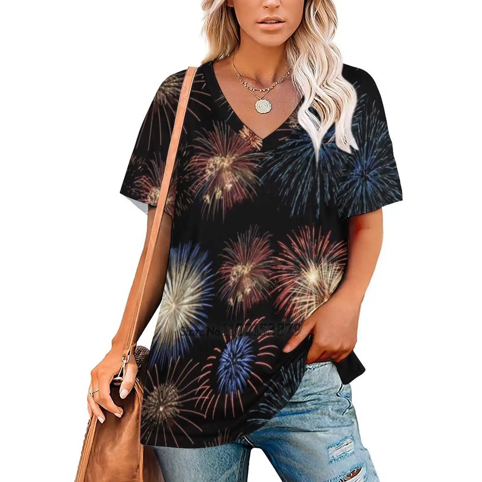 Firework Magic Women's Clothing V-Neck Tops Zipper Tee Ladies Casual Sexy T-Shirt Fireworks Cool Designer Blouse Tens Fashion