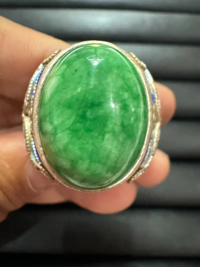 

Tibetan Silver Cloisonne Ring, Inlaid Green Star Gemstone, Retro Ethnic Style, Adjustable Open Band, Unisex Vintage Finger