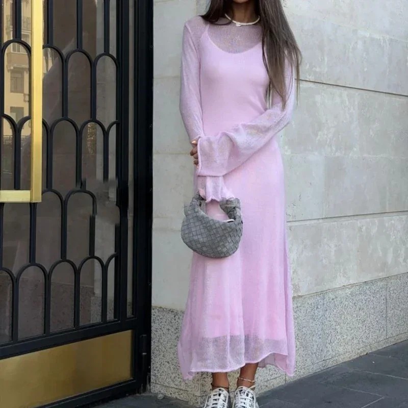 Spring Autumn O-Neck Elastic Knit Long Dresses Women 2024 Elegant Chic Soft Lady Hollowing Sweater Dresses Femme New