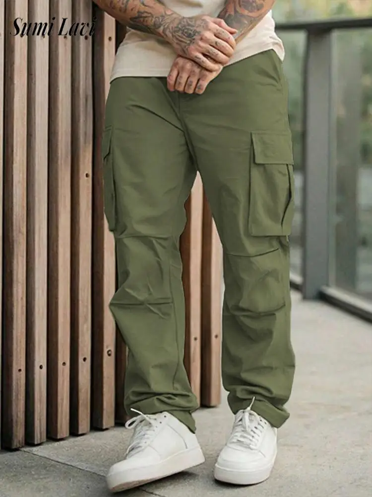 

Outdoor Casual Mens Cargo Pants Streetwear Vintage Solid Color Multi Pockets Loose Pants Men Autumn Stylish Straight Trousers