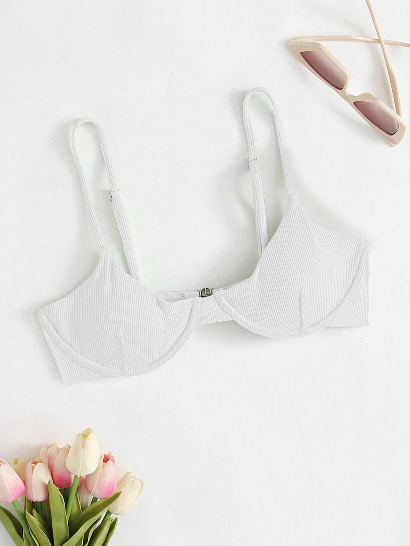 Women's White Ribbed Bikini Top, Underwire Support with Front Clasp Adjustable Strap Swimwear Top
