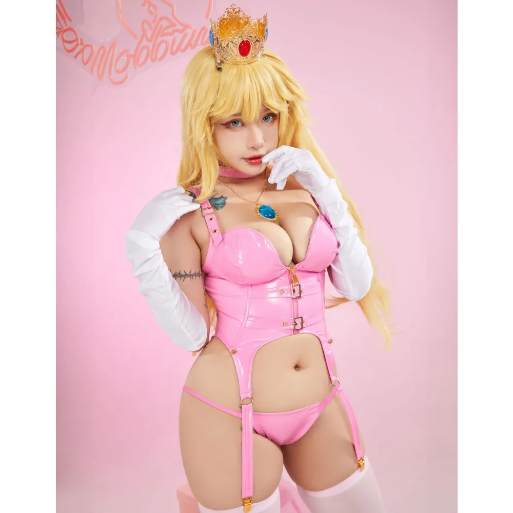 Mobbunny Women Princess Cosplay Pink Peach Derivative Lingerie Set with Choker Gloves Thong and Stockings Cosplay Costume