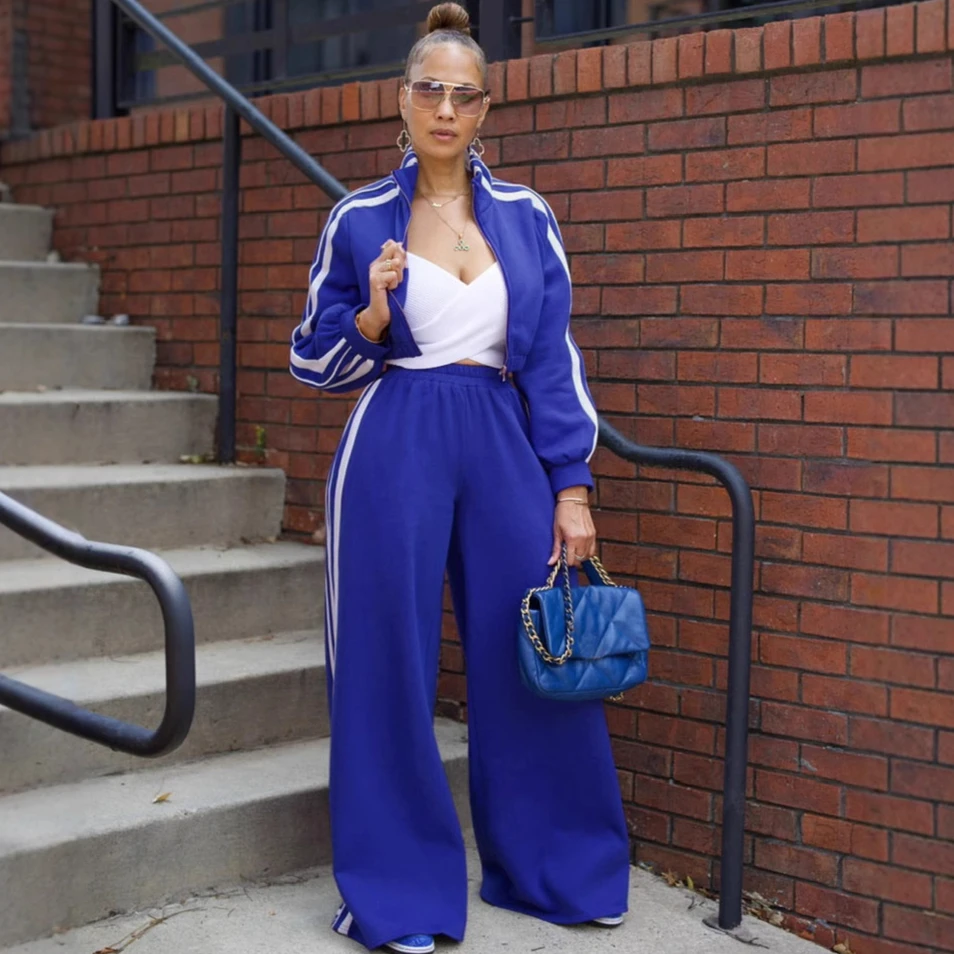 

Pant Set Women Two Piece Sets Striped Matching Sets Y2k Streetwear Zipper Sweatshirts Long Pants Elastic Waist Sports Suit