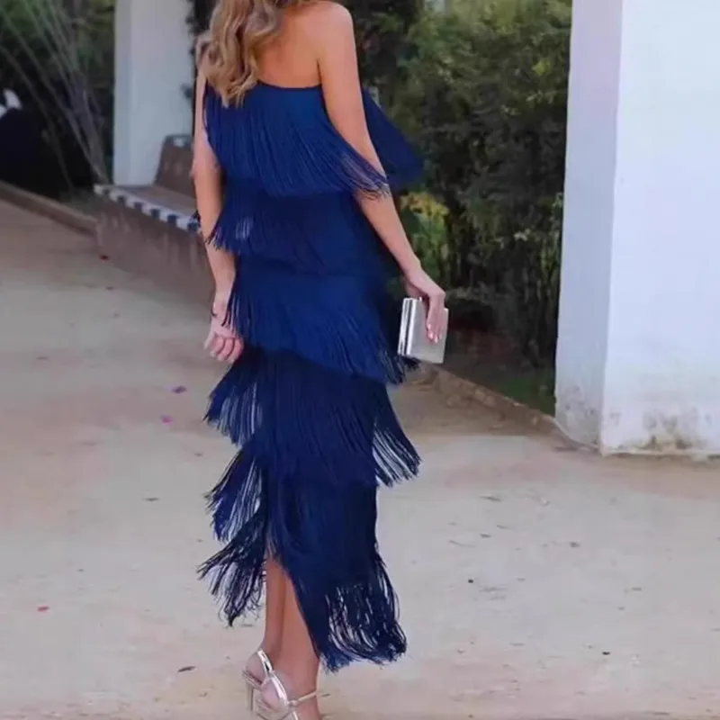 Nowa seksowna sukienka damska z frędzlami, odkrywająca ramiona, asymetryczna, nowa kolekcja wiosna-lato, sukienki boho na studniówkę i imprezy dla kobiet.