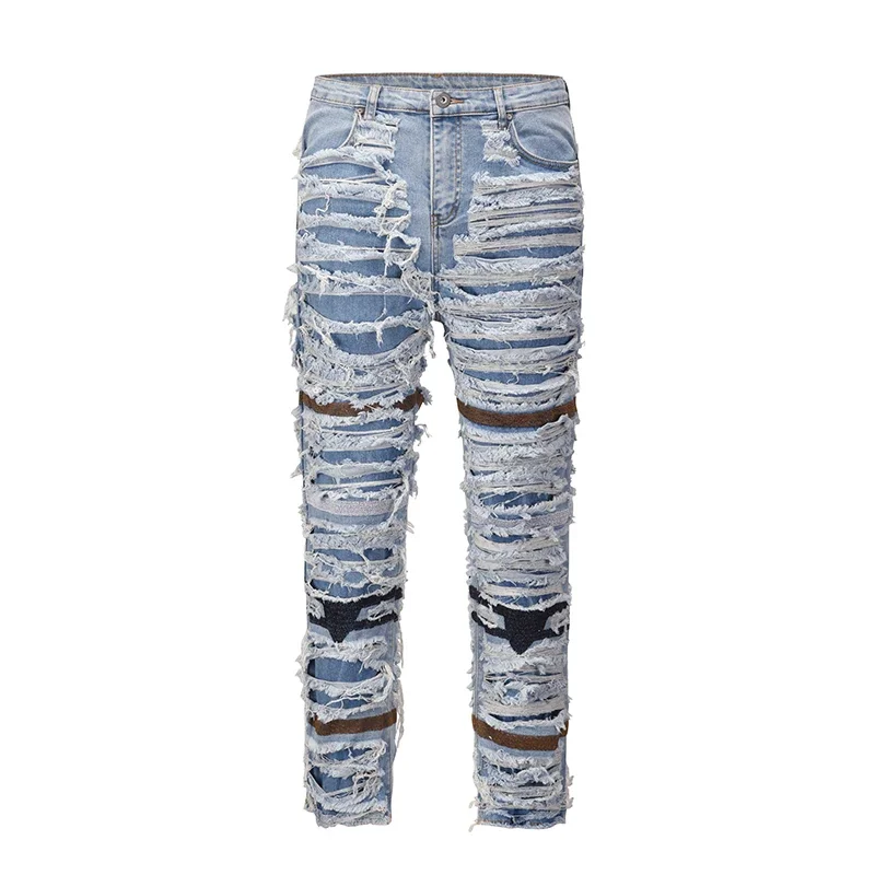 

Retro Ripped Hollow Out Frayed Casual Jeans Men's Hole Straight Distressed Denim Pants Streetwear Baggy Washed Jean Trousers