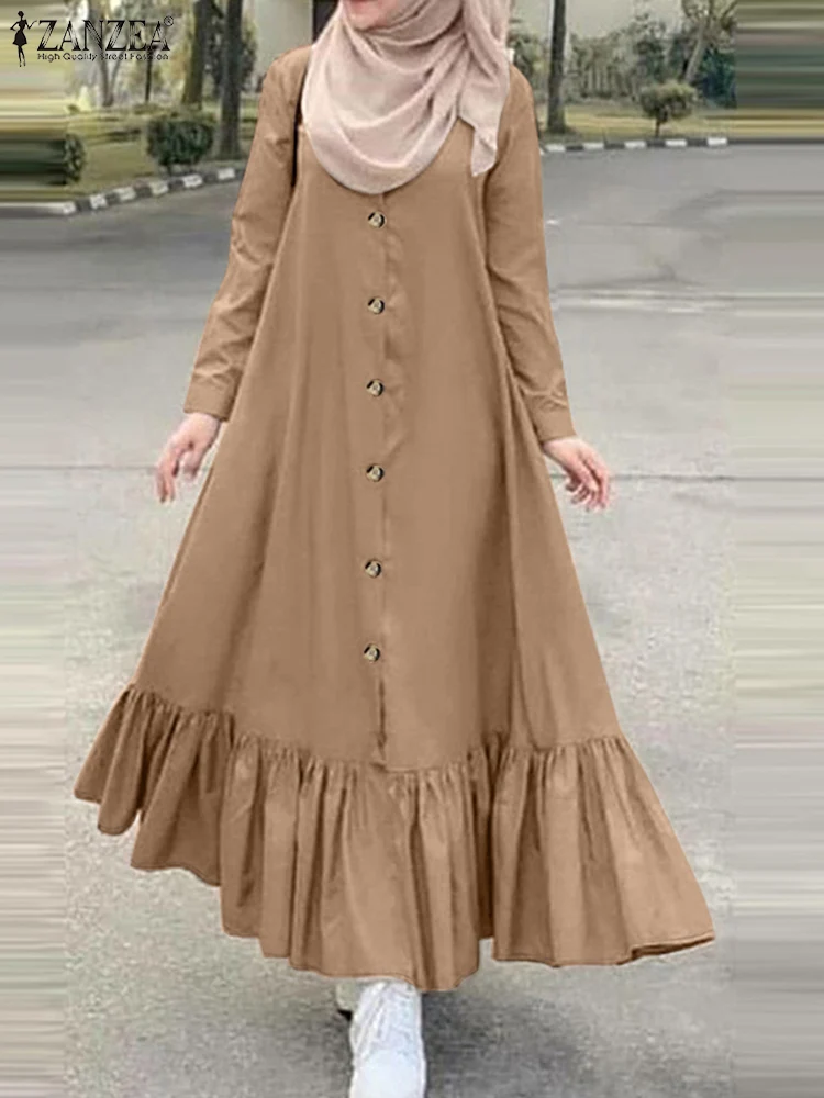 2024 ZANZEA Women O Neck Long Sleeve Ruffles Sundress Autumn Vintage Muslim Dress Fashion Solid Dubai Turkey Abaya Hijab Dresses