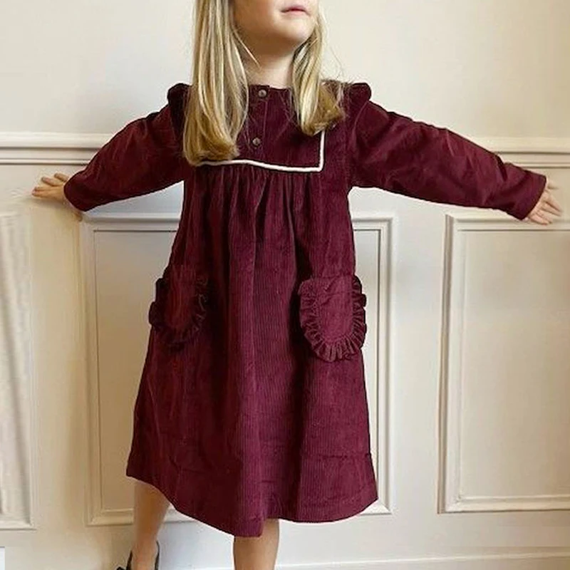 Girls French Corduroy Dress Autumn And Winter Vintage Burgundy Pit Stripes Long-Sleeved Pockets A-Line Princess Dresses For Kids