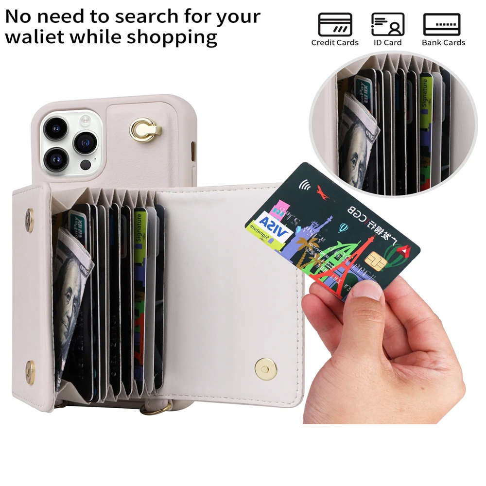 Wallet Shoulder Strap Phone Case For iPhone 15 Pro Max 14 13 12 11 Pro Max 15 Plus 14 Plus Leather Card Slot Lanyard Back Cover
