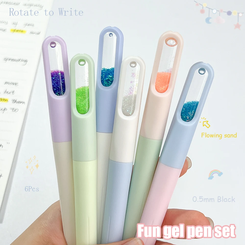 Paquete de 6 Bolígrafos de Gel con Arena Fluida, 0.5mm, Centro de Gravedad Bajo, Secado Rápido, Diseño Minimalista con Bloques de Color, Bolígrafo Negro