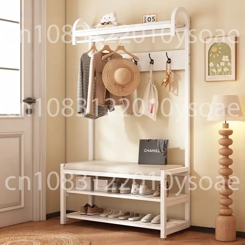 All-in-One Floor-Standing Coat Hat and Shoe Rack with Upholstered Shoe Bench for Home Entryway, Made of Engineered Wood