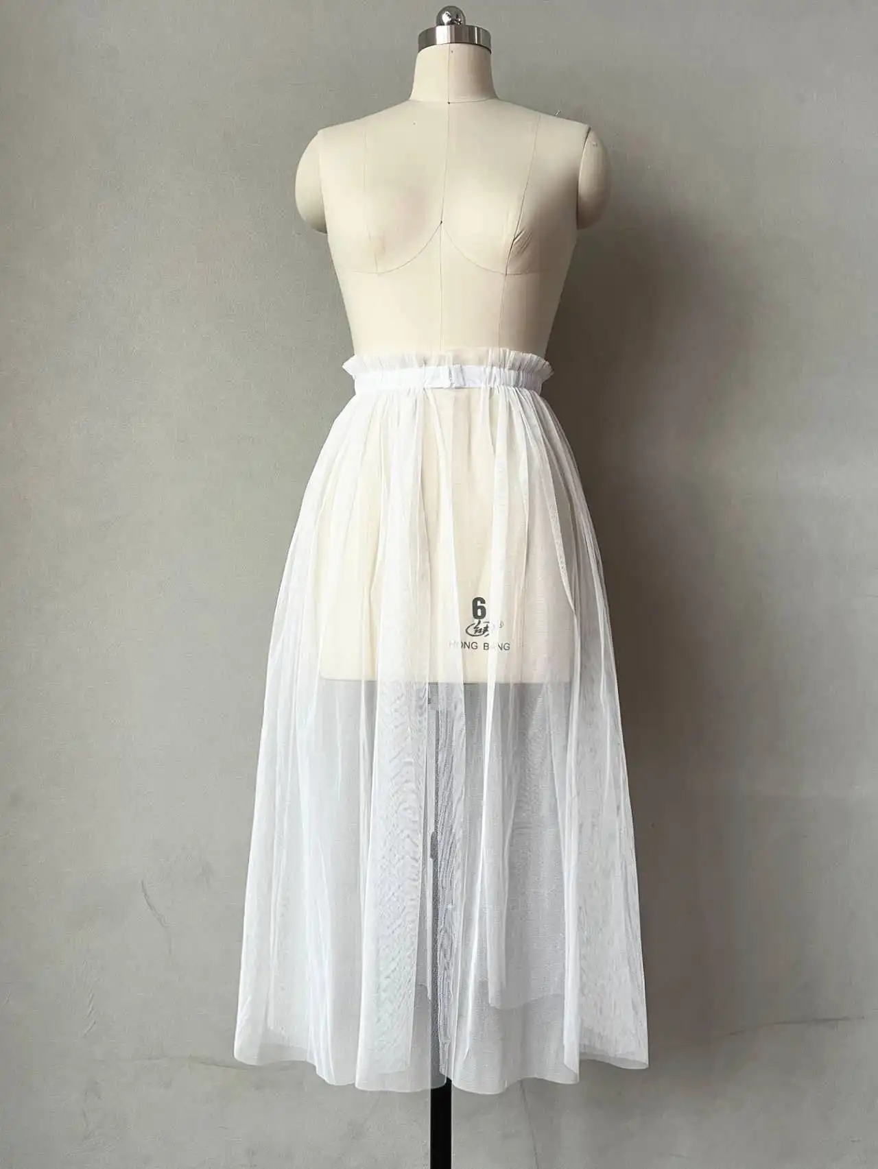 White Skirt Sheer One Layer Elastic Waist See Through Women Elastic Waist Long Tulle Skirt With Unique Ruched Edge New Fashion