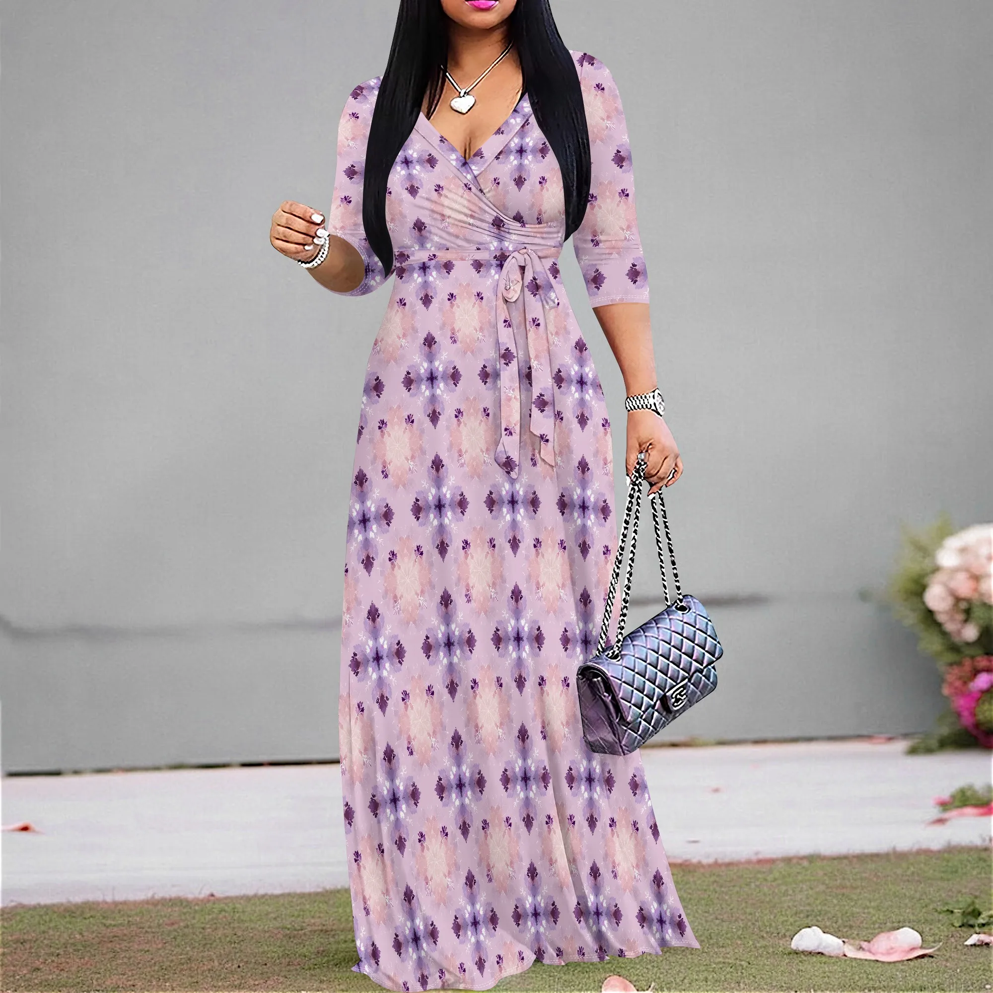 

Floral Abstract Print Wrap Dress with Waist Tie, S-3XL, Elegant Women's Dress for Spring & Summer Casual Outings
