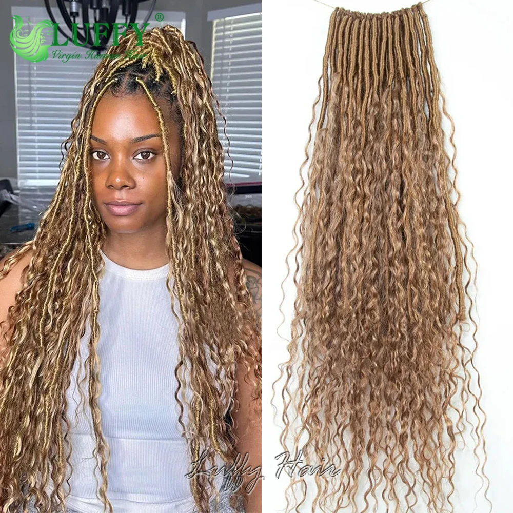 Crochê Boho Locs com cachos para mulheres, Tranças pré-looped, Cabelo humano encaracolado, Honey Blonde, Full Ends, #27