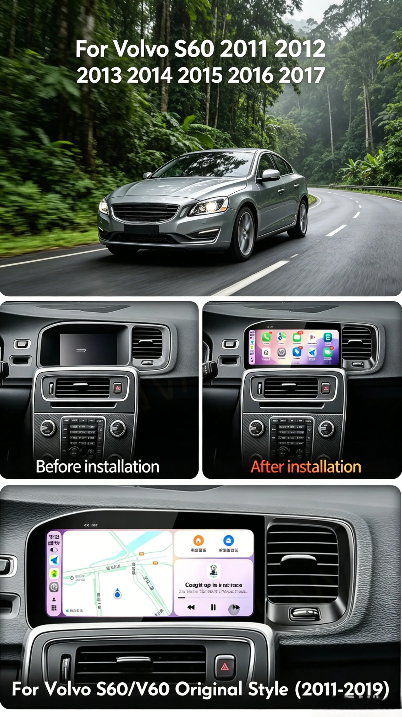 Android 14 Carplay Auto Car Radio GPS Multimedia Player For Volvo S60 V60 2011-2019 Stereo Head Unit Original car style screen