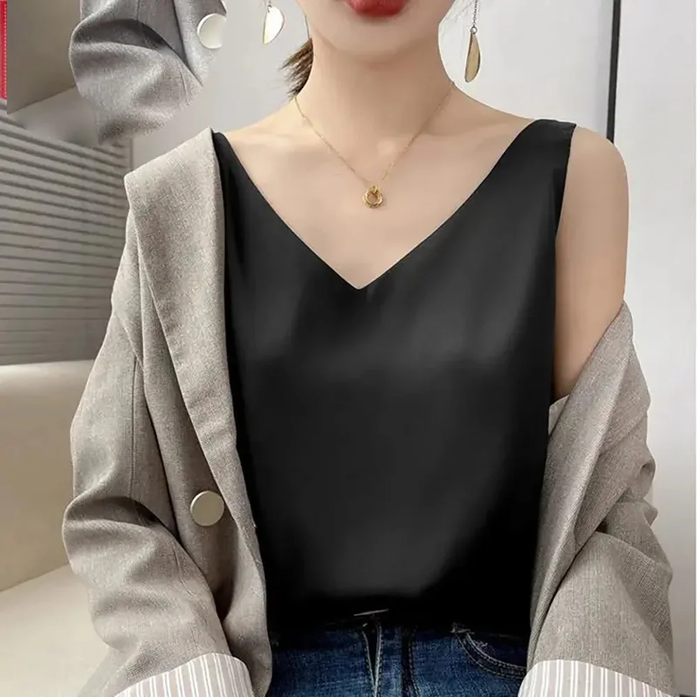 Camisole Women's Woman Women Vests Top Summer V-neck Small Size Wild Western Style Ice Silk Satin Top Bottoming Shirt Vest