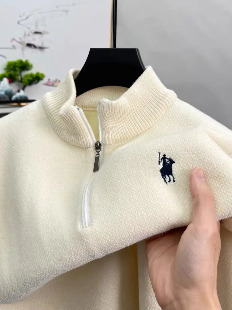 High end brand zipper stand up collar sweater men's casual fashion classic Paul embroidery winter new plush warm knit pullover