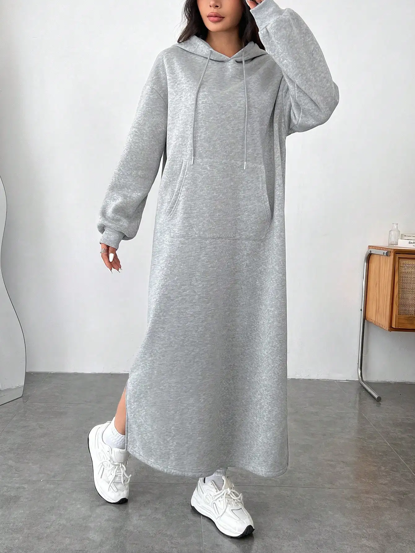 Vestido de moletom longo cinza com capuz para mulheres, moletom casual grande outono inverno com bolsos