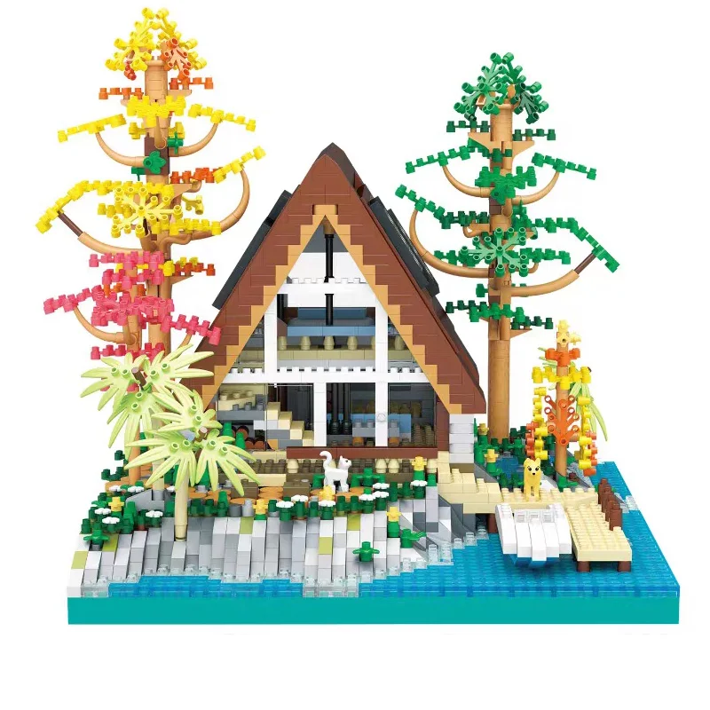 LHCX 617 العمارة العالمية الثلاثي المقصورة مركز جزيرة بحيرة شجرة زهرة العشب كتل الماس الصغيرة الطوب بناء لعبة لا صندوق